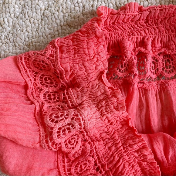 VERO MODA Sz S Off Shoulder Coral Cotton Crinkle Mini Dress - Picture 8 of 16